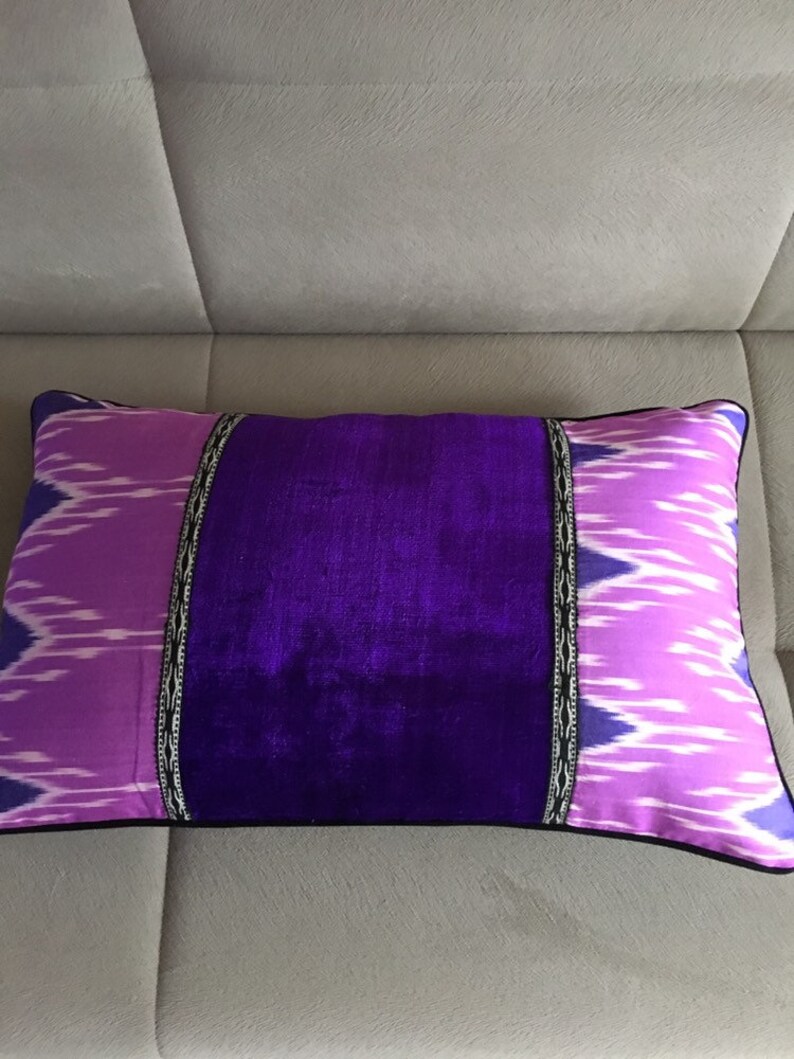 Neon lilac Silk ikat Cushion North African blue ikat pillow cover Uzbek velvet Ikat pillow
