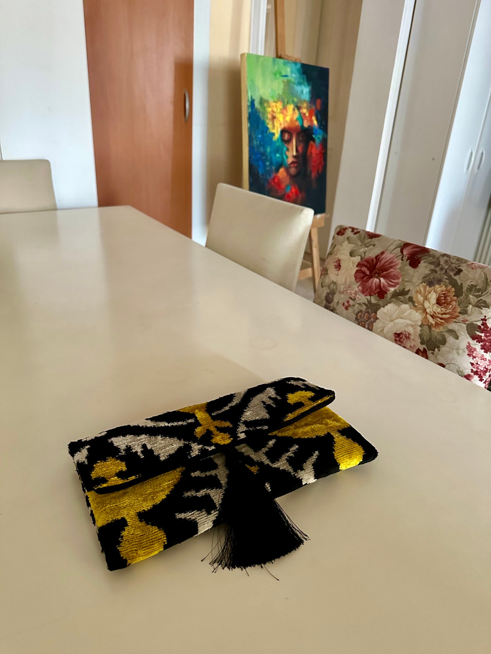 Ikat Silk Velvet Clutch: Gold Black Boho Evening Bag With Tassel - Etsy