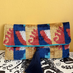 Velvet Fabric Ikat Clutch Purse; Yellow, Dark Orange Color With Blue ...