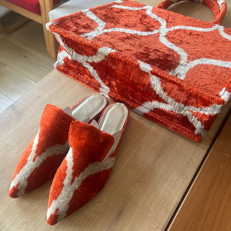 Silk Velvet Ikat Slippers Beige Yellow