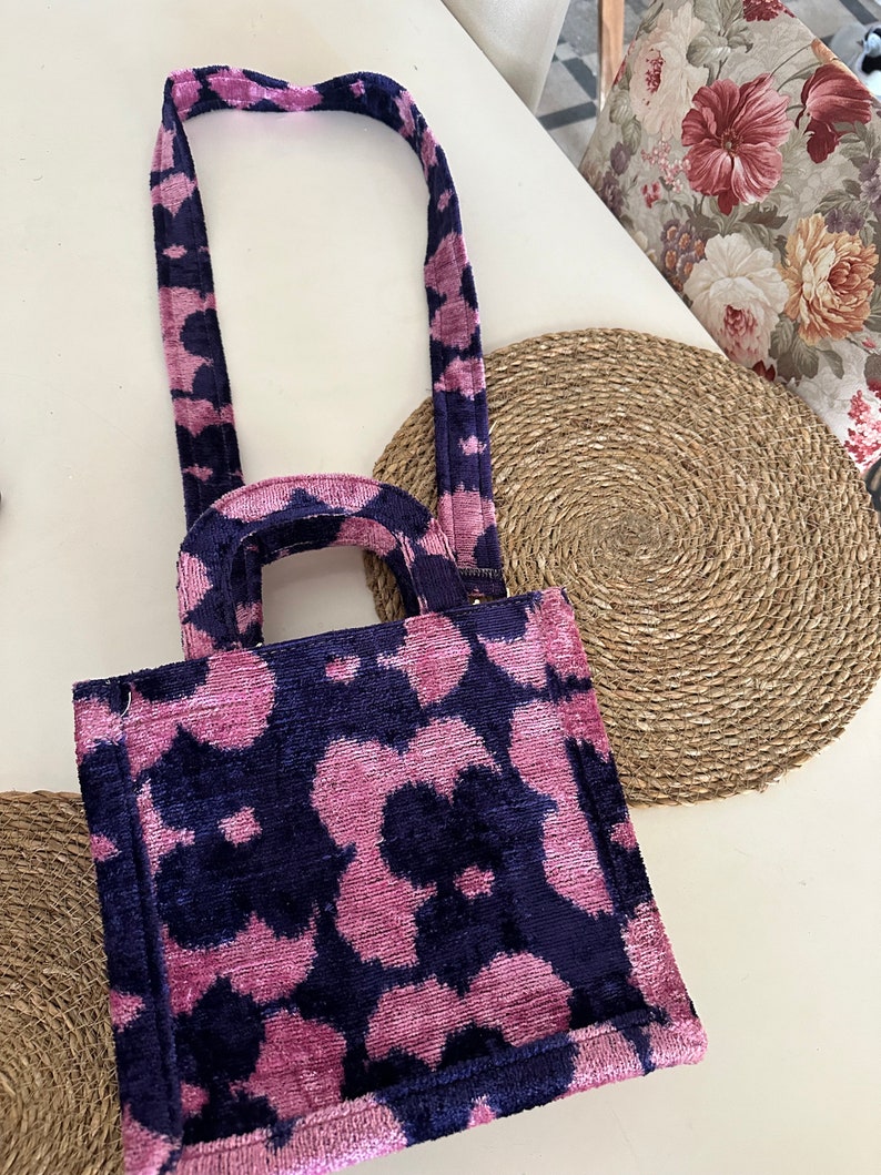 Pink Purple Velvet Ikat Tote With Fabric Strap Small Silk Velvet Book Tote Hand Bag image 6