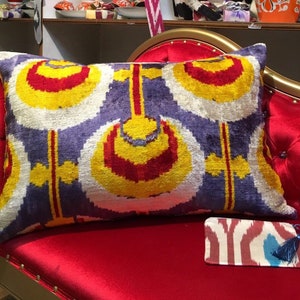 ikat velvet cushion cover | uzbek silk lumbar  throw pillow | loomed ikat wedding beach pillow case