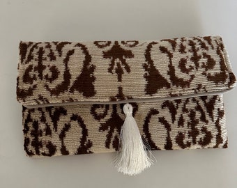 Brown Louvre French Style ikat Clutch Purse with tassel -  watercolor clutch for phone, wallet