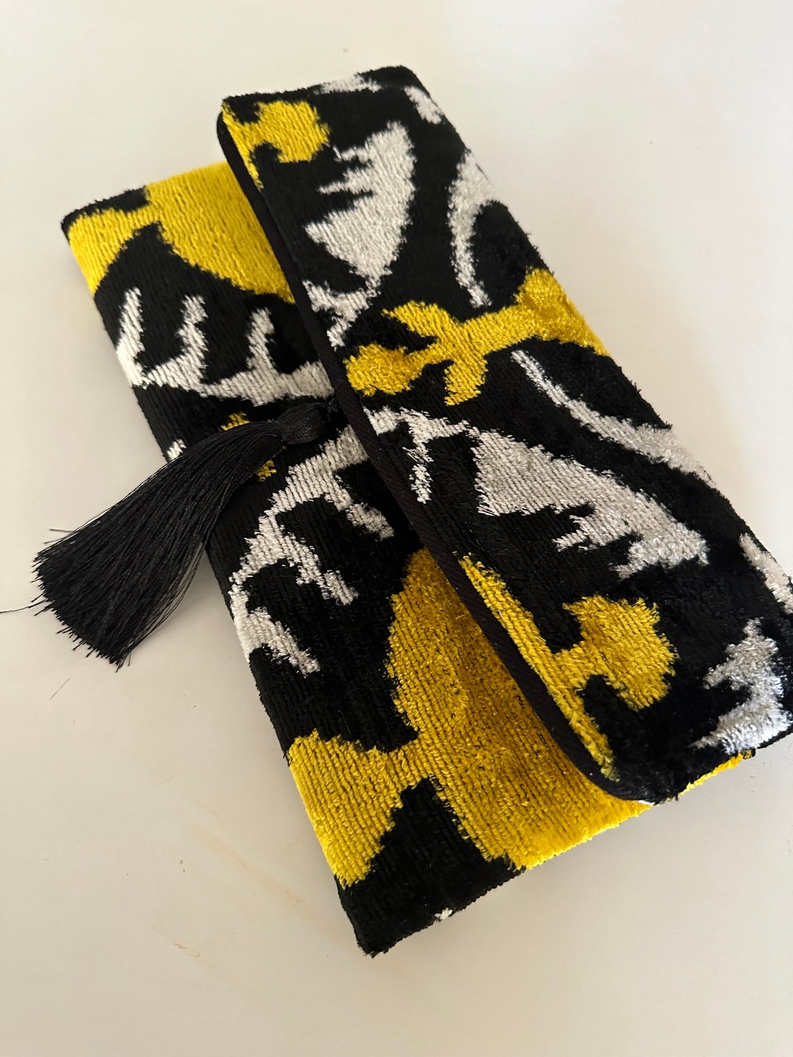 Ikat Silk Velvet Clutch: Gold Black Boho Evening Bag With Tassel - Etsy