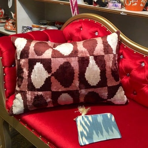 Burgundy Velvet Pillow Cover: Handwoven Silk Ikat Lumbar Cushion