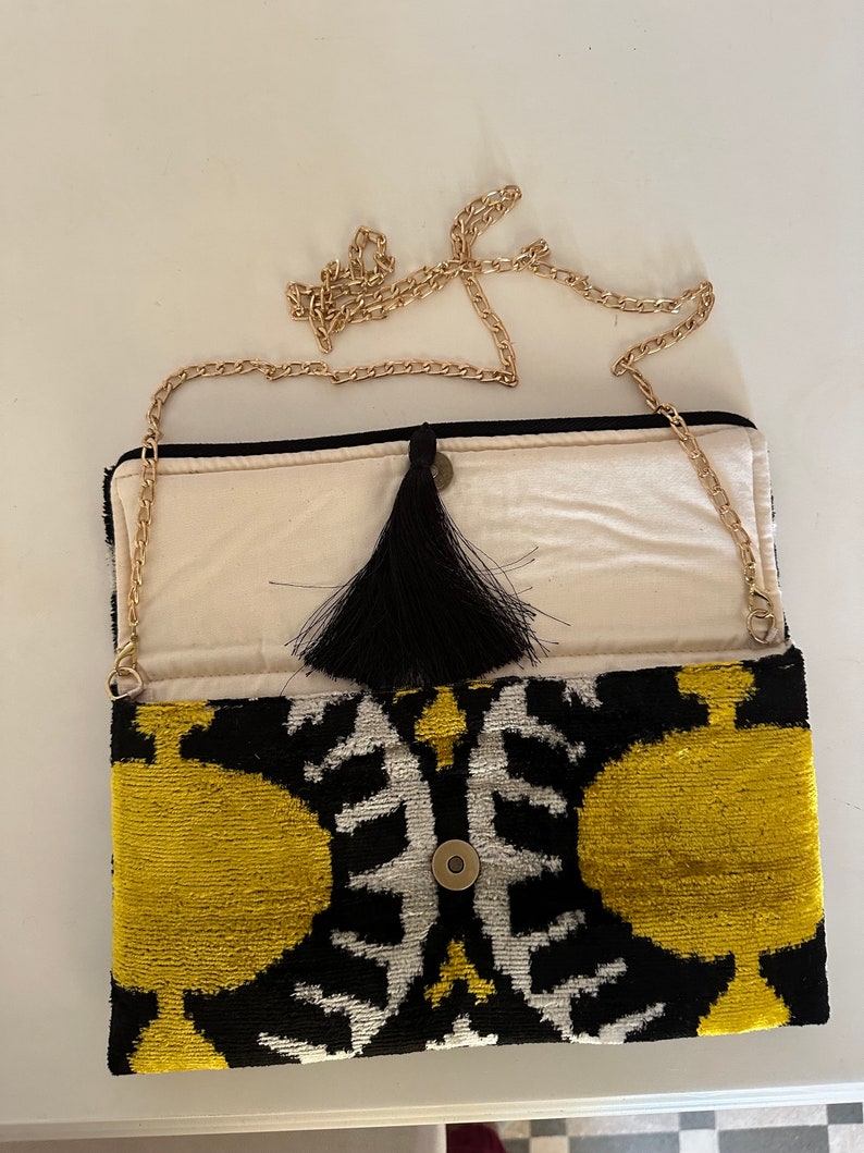 Ikat Silk Velvet Clutch: Gold Black Boho Evening Bag With Tassel - Etsy