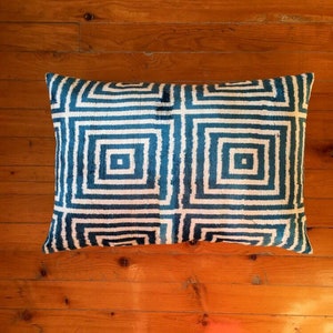 Silk Ikat velvet pillow cover - blue, white; greek key pattern