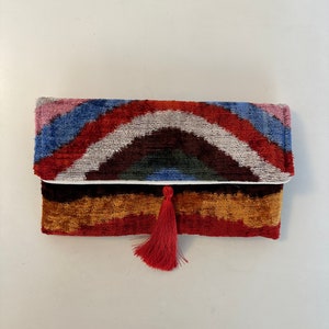 Uzbek Ikat Velvet Clutch: Handmade Silk Tassel Bag