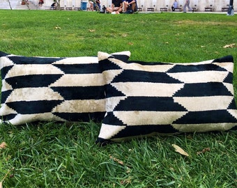 Set of 2 Ikat Velvet Pillow Covers: Black White Handwoven Silk Cushions