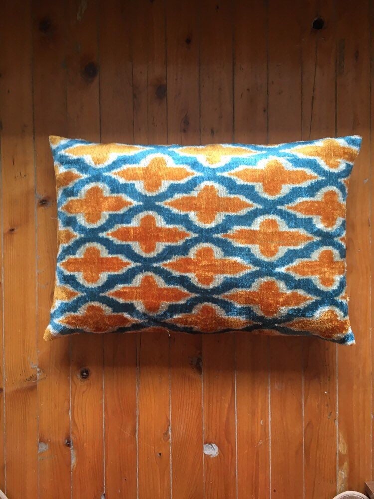 Orange Blue Ikat pillow cover Criss Cross boho velvet Etsy