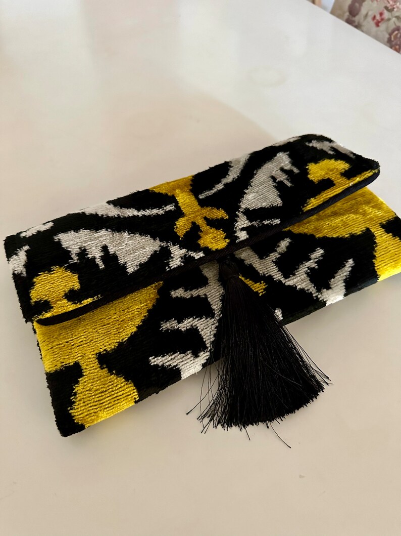 Ikat Silk Velvet Clutch: Gold Black Boho Evening Bag With Tassel - Etsy