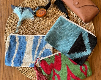 small boho pouches; silk ikat velvet bags for coins, credit cards