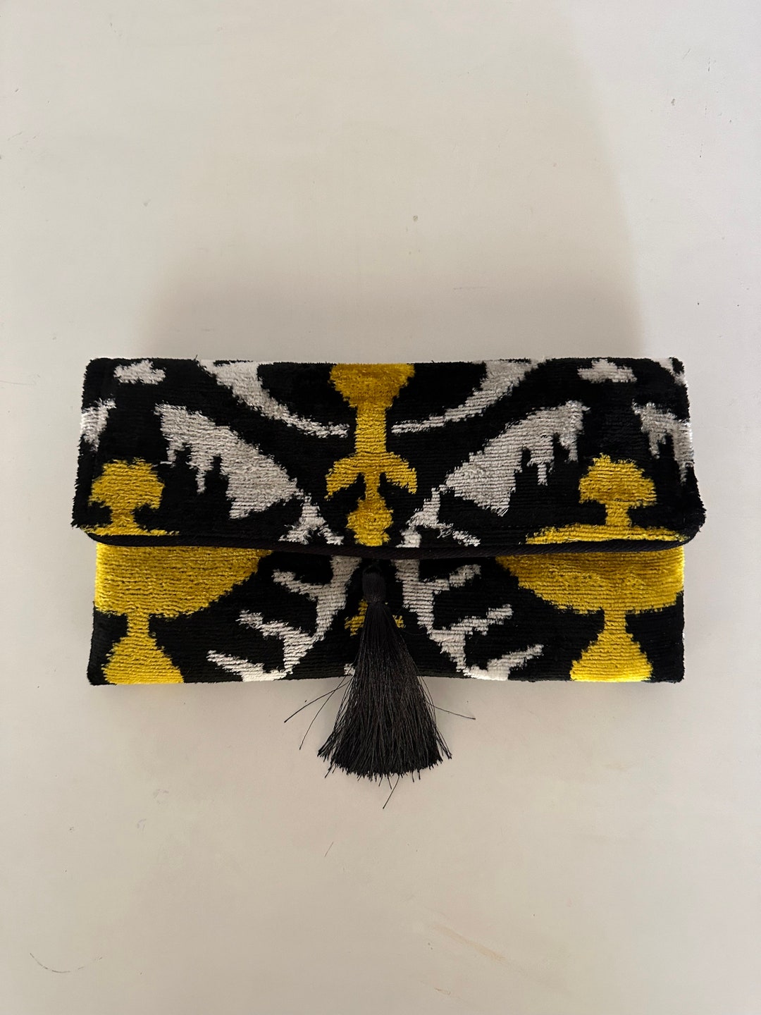 Ikat Silk Velvet Clutch: Gold Black Boho Evening Bag With Tassel - Etsy