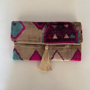 Velvet Ikat Clutch Bag: Pink Multi Silk Uzbek Evening Bag