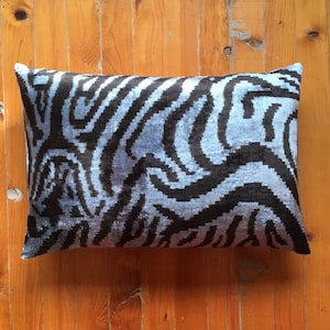 Blue Ikat Velvet Pillow: Handloomed Uzbek Silk Cushion