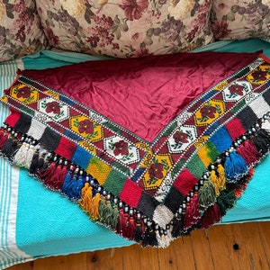 Red Silk Uzbek Tassel: Vintage Handmade Embroidery, Tribal Decor