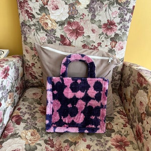 Pink Purple Velvet Ikat Tote With Fabric Strap Small Silk Velvet Book Tote Hand Bag image 1