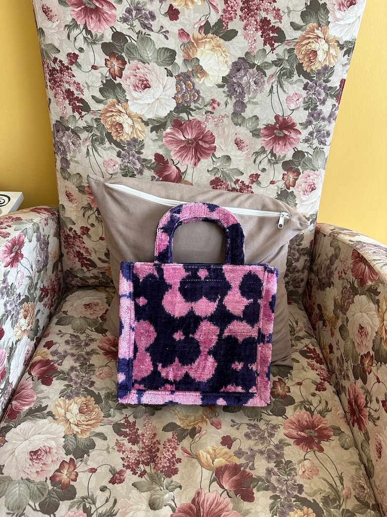 Pink Purple Velvet Ikat Tote With Fabric Strap Small Silk Velvet Book Tote Hand Bag image 1