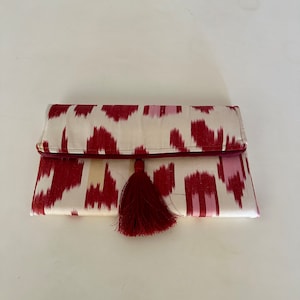 Red Leopard clutch bag - Red Pink Leopard pattern Clutch purse  with handwoven uzbek ikat silk Fabric