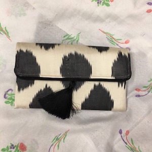 Silk Ikat Clutch Purse: Black Tassel, Handwoven Uzbek Fabric