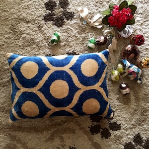 Blue Ogee Ikat Silk Velvet Pillow Cover: Handwoven Cushion