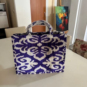 Grand sac à main en jute en velours violet | grand sac fourre-tout en tissu ikat de soie tissé à la main