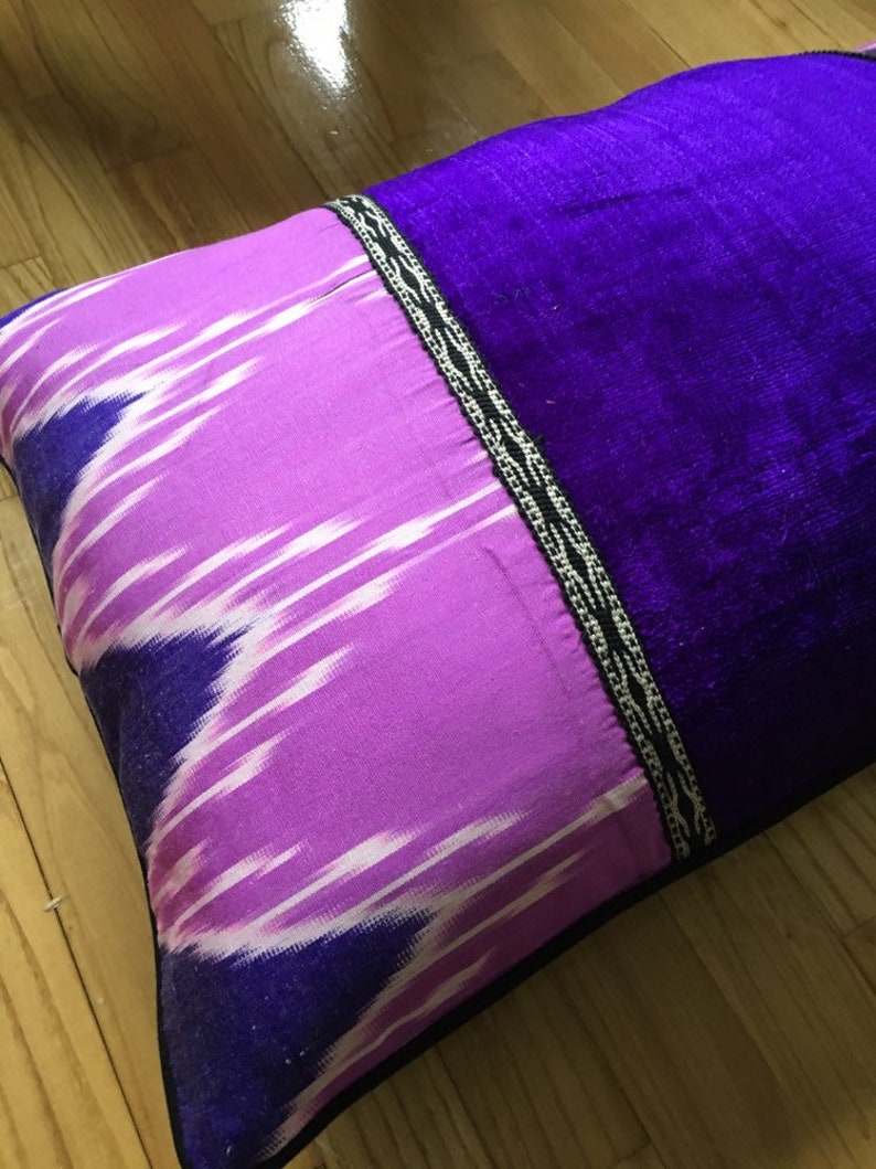Neon lilac Silk ikat Cushion North African blue ikat pillow cover Uzbek velvet Ikat pillow