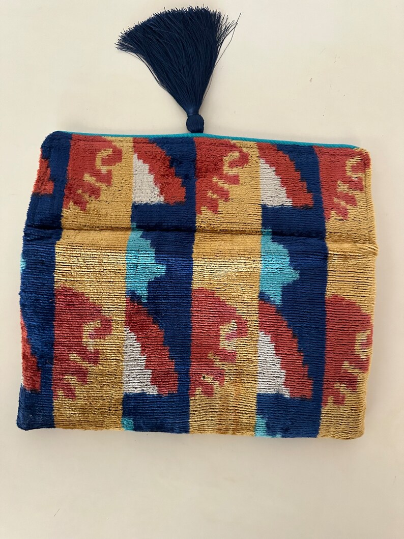 Velvet Fabric Ikat Clutch Purse; Yellow, Dark Orange Color With Blue ...