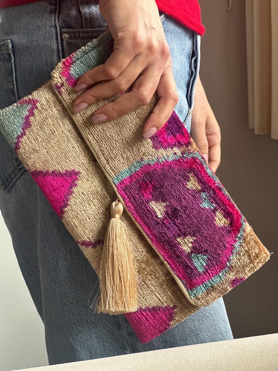 Velvet Ikat Clutch Bag: Pink Multi Silk Uzbek Evening Bag