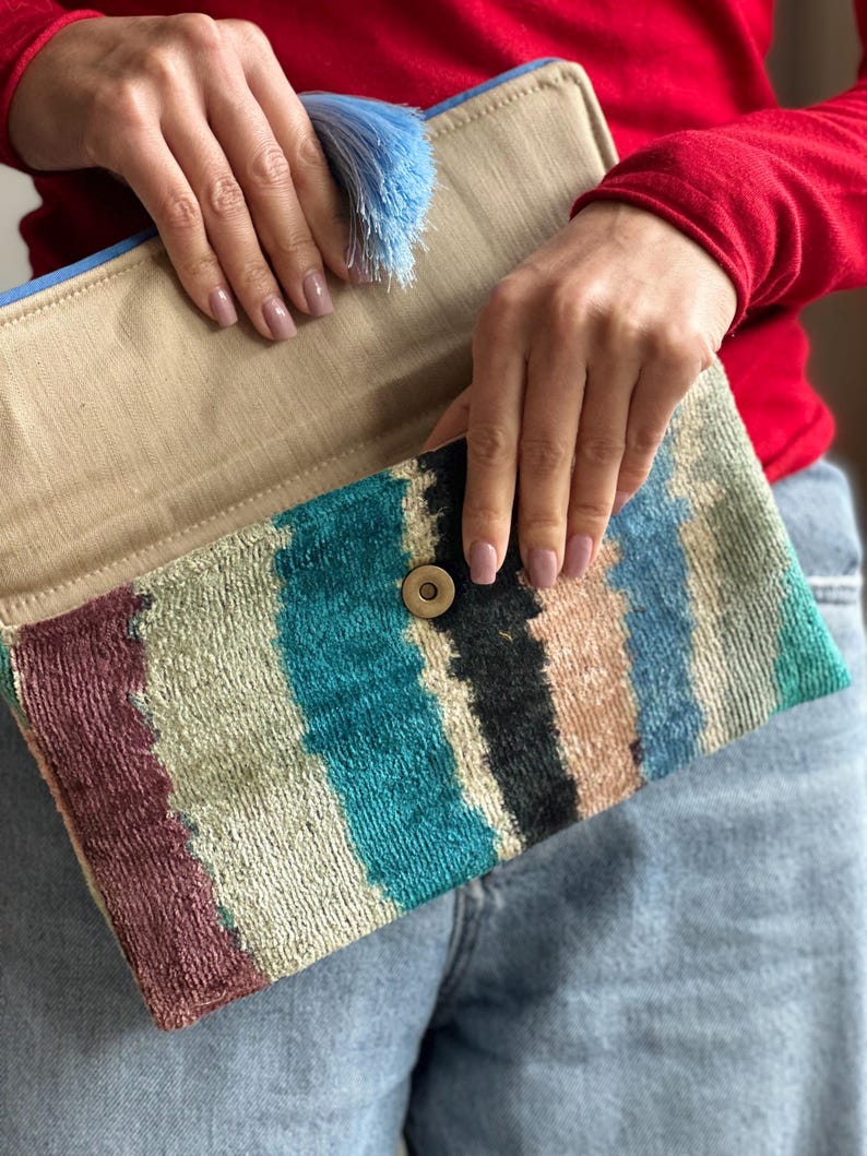 Rainbow Ikat Uzbek Velvet Clutch: Handwoven Art Fabric Silk Handbag with Tassel image 15