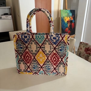 Handwoven Silk Ikat Book Tote Bag: Uzbek Velvet Fabric