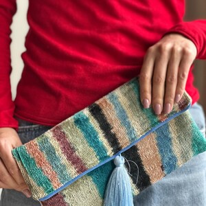 Rainbow Ikat Uzbek Velvet Clutch: Handwoven Art Fabric Silk Handbag with Tassel image 2