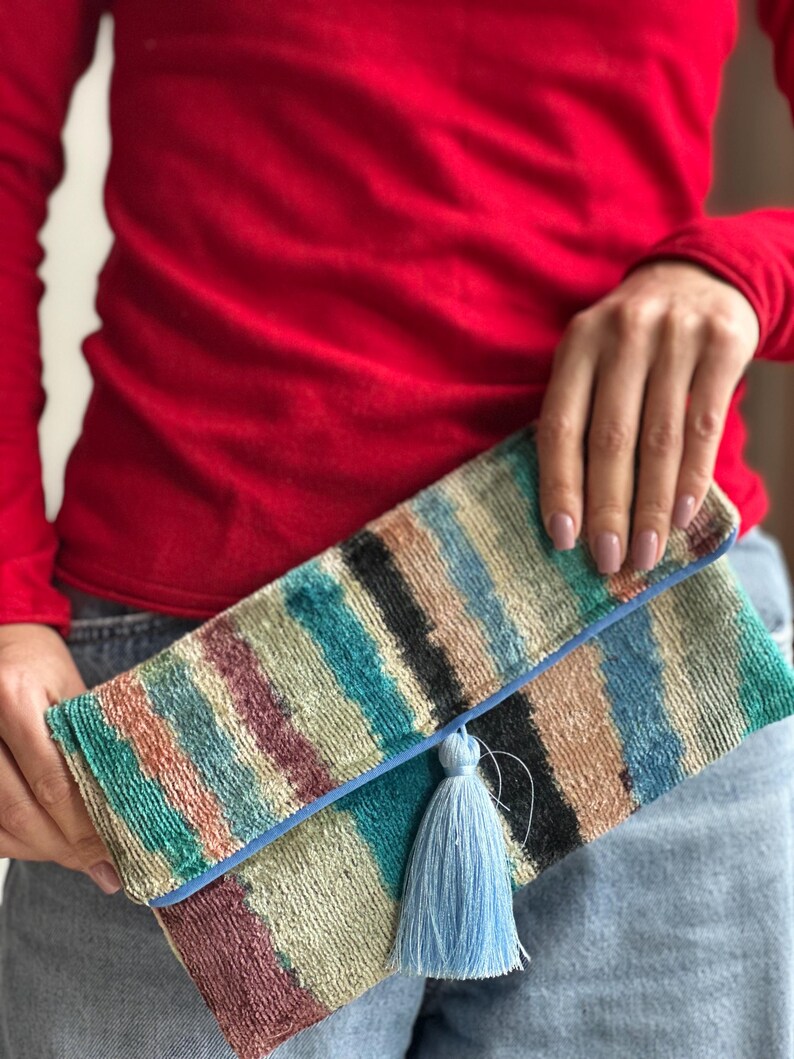 Rainbow Ikat Uzbek Velvet Clutch: Handwoven Art Fabric Silk Handbag with Tassel image 2