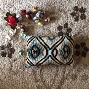 Blue Ikat Velvet Lumbar Pillow Cover: Handwoven Ethnic Cushion