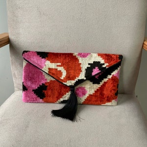 Orange Pink Envelope Ikat Clutch Bag | Uzbek Velvet Ikat Clutch Purse ...