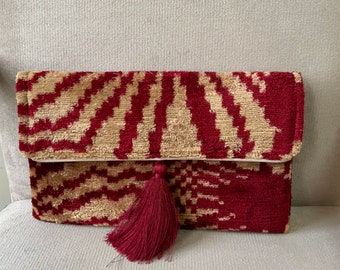 red beige silk clutch purse  with tassel -silk velvet ikat handwoven tailormade purses from istanbul