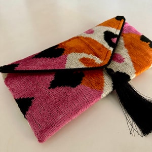 Orange Pink Envelope Ikat Clutch Bag | Uzbek Velvet Ikat Clutch Purse ...