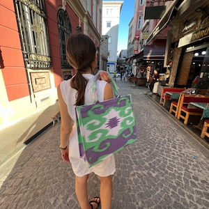 Light Green Purple Natural Cotton Summer  Ikat Tote Bag
