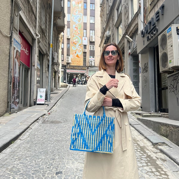 Blue Beige Medium Velvet ikat Tote Bag - Chevron uzbek silk ikat velvet tote bag