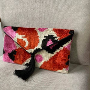 Orange Pink Envelope Ikat Clutch Bag | Uzbek Velvet Ikat Clutch Purse ...