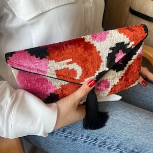 Orange pink Umschlag Ikat Clutch Tasche | Usbekische Samt Ikat Clutch Geldbörse für Hochzeit Abend Party
