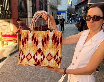 Brick color Southwest Velvet Ikat Book Tote -  Light Brown Designer Silk Ikat Arm Bag - Large Handmade Tote