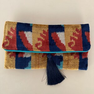 Velvet Fabric Ikat Clutch Purse; Yellow, Dark Orange Color With Blue ...