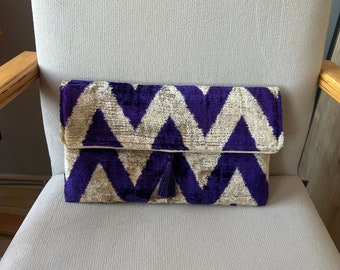 Purple chevrons velvet clutch purse | ikat fairytale silk wedding clutch  | gift for girlfriend
