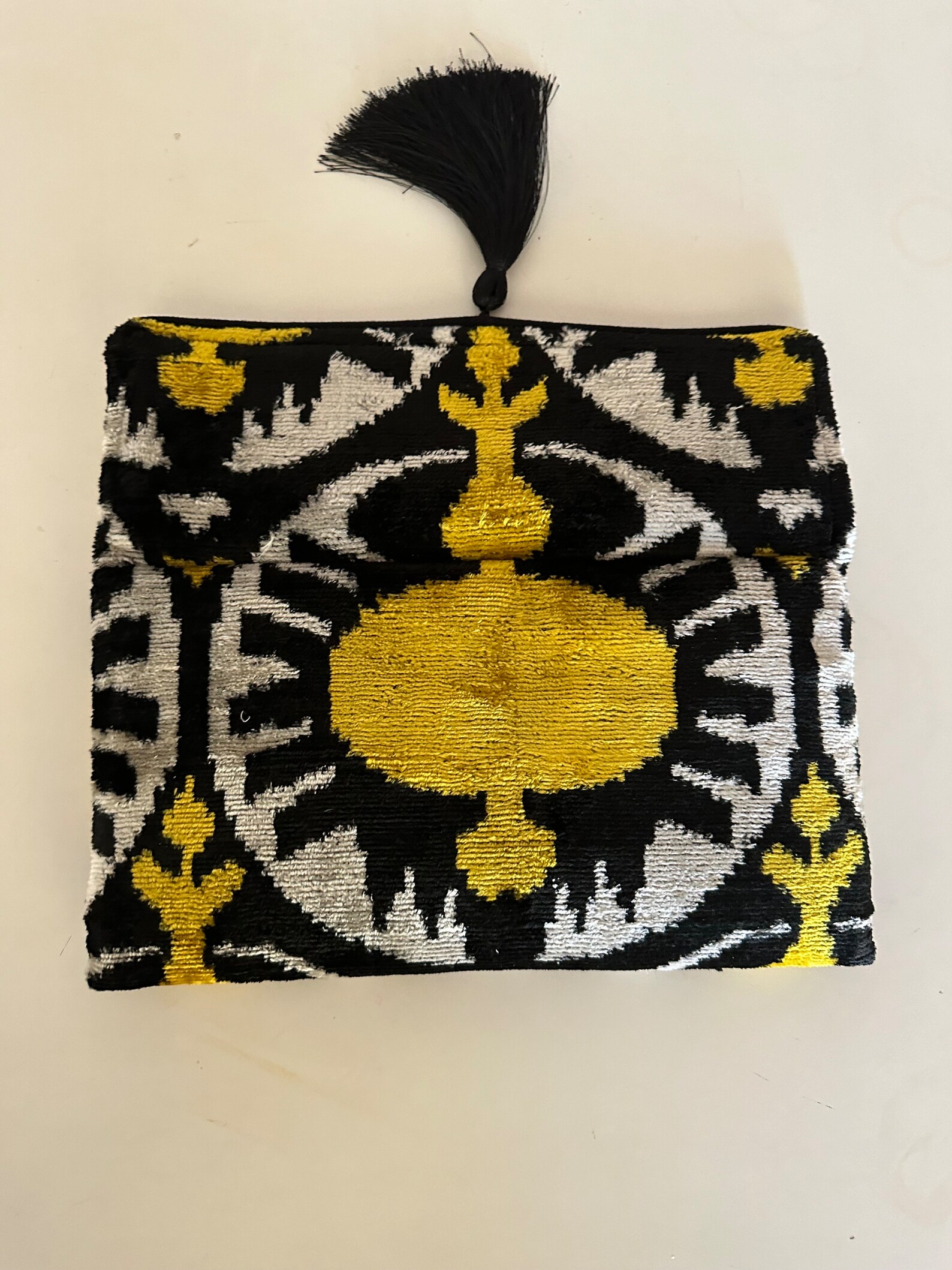 Ikat Silk Velvet Clutch: Gold Black Boho Evening Bag With Tassel - Etsy