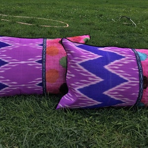 Könnte beinhalten: Zwei dekorative Kissen mit einem lila und blauen Ikat-Muster auf der einen Seite und einem rosa und mehrfarbigen Tupfenmuster auf der anderen Seite.