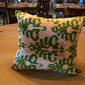 Green Ikat pillow cover - green, white silk velvet Cushion