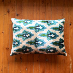 Green Velvet Ikat Pillow Cover: Handwoven Silk Lumbar Cushion