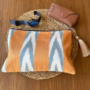 Orange Silk Ikat Zipper Pouch: Handwoven Uzbek Cosmetic Purse