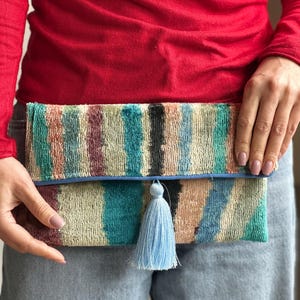 Rainbow Ikat Uzbek Velvet Clutch: Handwoven Art Fabric Silk Handbag with Tassel image 1